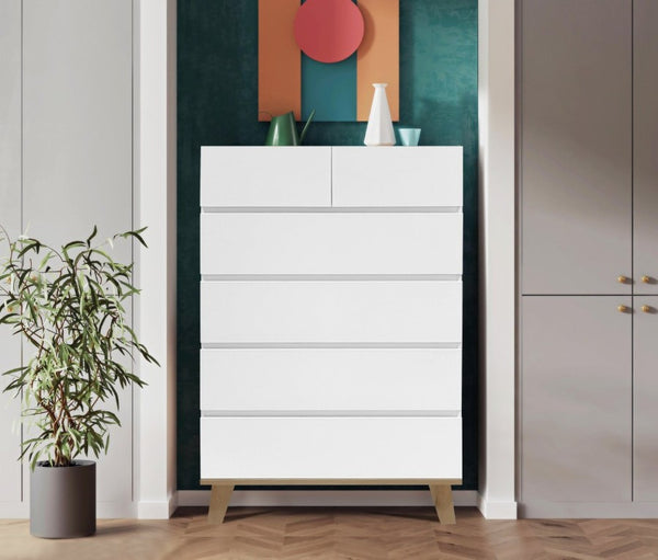 English Elm 4+2 Drawer White Dresser with Natural Wood Legs Handle Free Modern Bedroom Storage W3151S00081