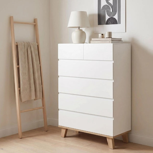 English Elm 4+2 Drawer White Dresser with Natural Wood Legs Handle Free Modern Bedroom Storage W3151S00081