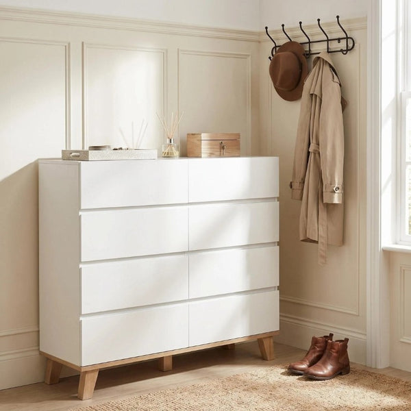 English Elm 8 Drawer Tall White Chest with Solid Wood Legs Minimalist Bedroom Storage Cabinet W3151S00082