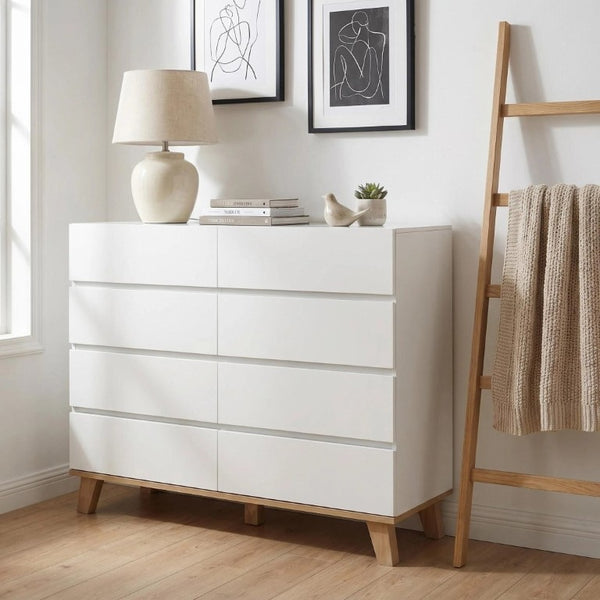 English Elm 8 Drawer Tall White Chest with Solid Wood Legs Minimalist Bedroom Storage Cabinet W3151S00082