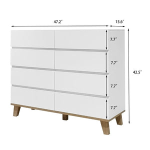 English Elm 8 Drawer Tall White Chest with Solid Wood Legs Minimalist Bedroom Storage Cabinet W3151S00082