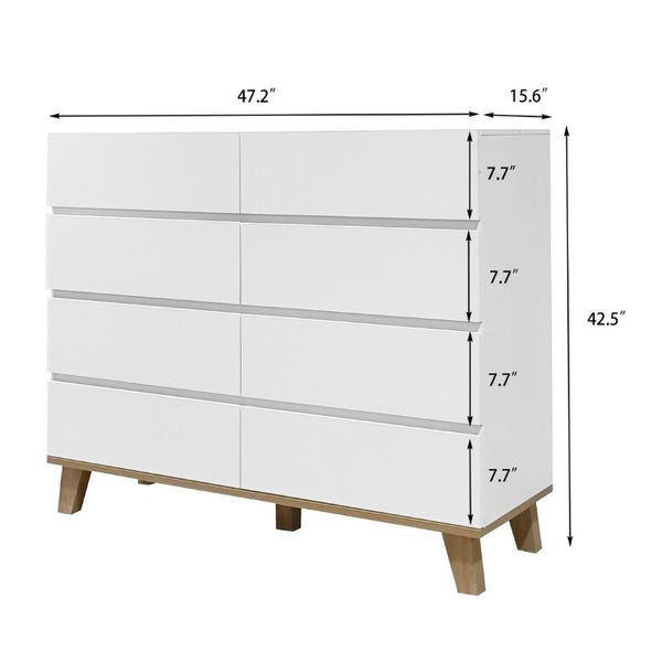 English Elm 8 Drawer Tall White Chest with Solid Wood Legs Minimalist Bedroom Storage Cabinet W3151S00082