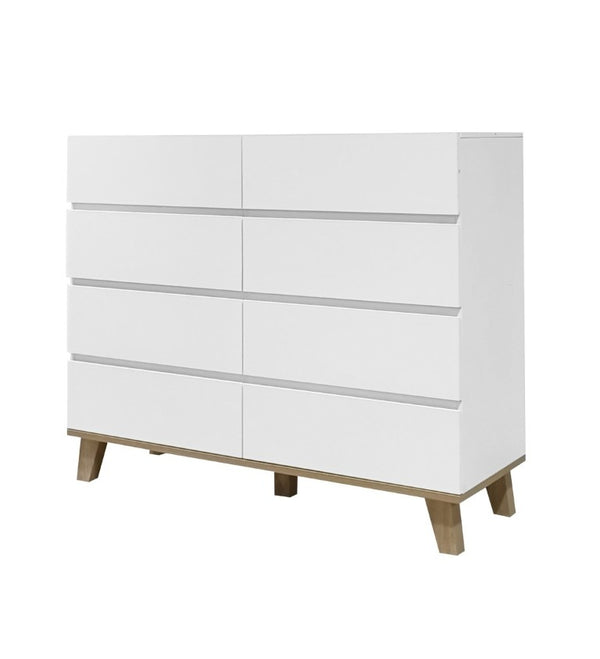 English Elm 8 Drawer Tall White Chest with Solid Wood Legs Minimalist Bedroom Storage Cabinet W3151S00082