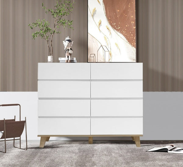 English Elm 8 Drawer Tall White Chest with Solid Wood Legs Minimalist Bedroom Storage Cabinet W3151S00082