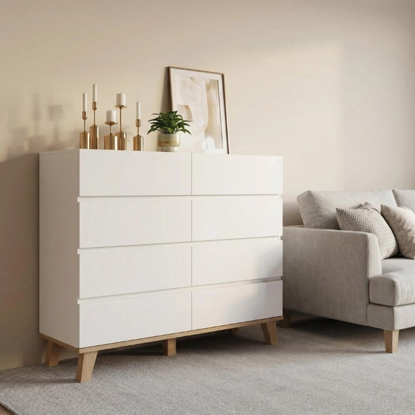 English Elm 8 Drawer Tall White Chest with Solid Wood Legs Minimalist Bedroom Storage Cabinet W3151S00082