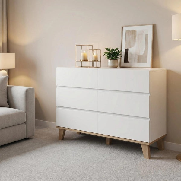 English Elm 6 Drawer White Minimalist Dresser with Natural Wood Legs for Bedroom Organization W3151S00083