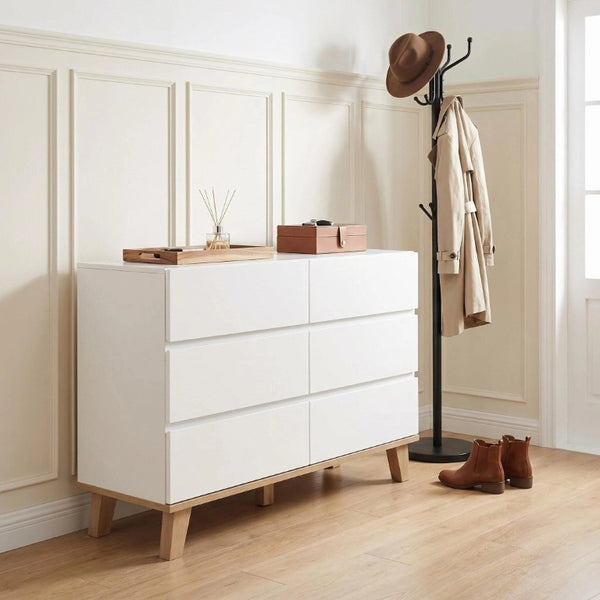 English Elm 6 Drawer White Minimalist Dresser with Natural Wood Legs for Bedroom Organization W3151S00083