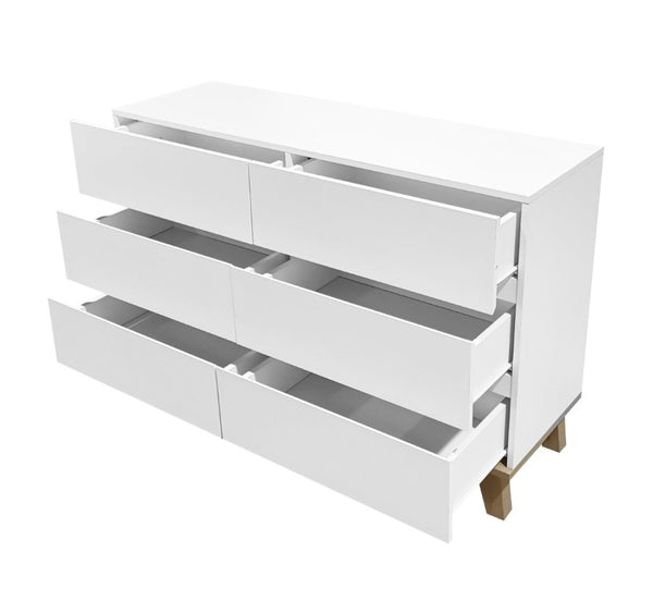 English Elm 6 Drawer White Minimalist Dresser with Natural Wood Legs for Bedroom Organization W3151S00083