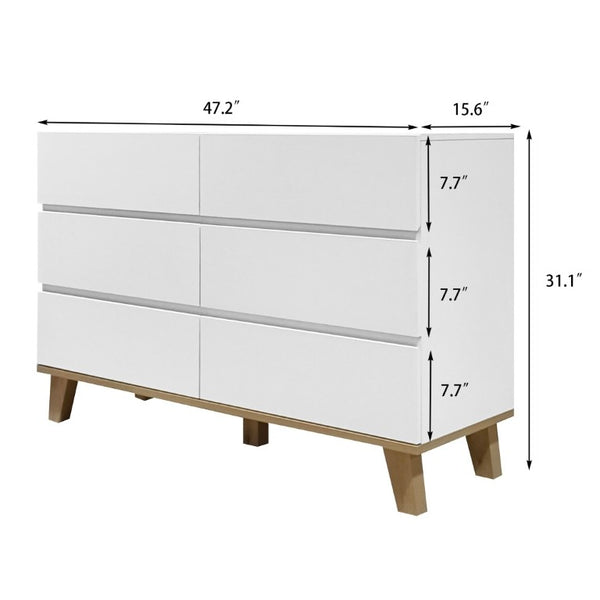 English Elm 6 Drawer White Minimalist Dresser with Natural Wood Legs for Bedroom Organization W3151S00083