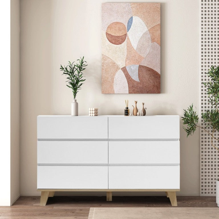 English Elm 6 Drawer White Minimalist Dresser with Natural Wood Legs for Bedroom Organization W3151S00083