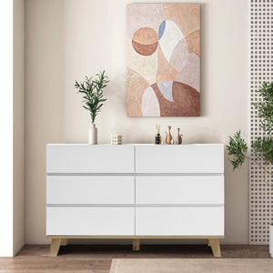 English Elm 6 Drawer White Minimalist Dresser with Natural Wood Legs for Bedroom Organization W3151S00083