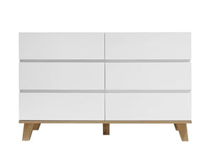 English Elm 6 Drawer White Minimalist Dresser with Natural Wood Legs for Bedroom Organization W3151S00083