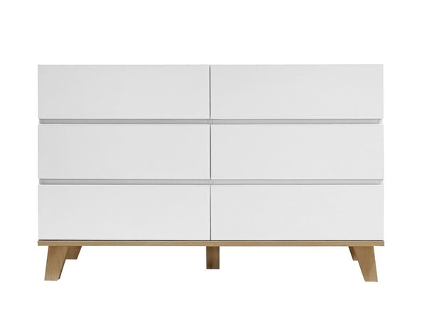 English Elm 6 Drawer White Minimalist Dresser with Natural Wood Legs for Bedroom Organization W3151S00083