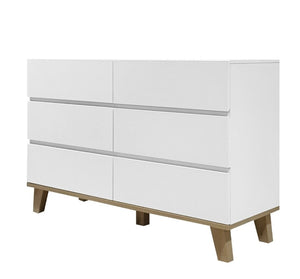 English Elm 6 Drawer White Minimalist Dresser with Natural Wood Legs for Bedroom Organization W3151S00083