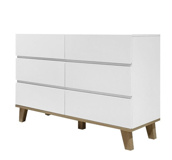 English Elm 6 Drawer White Minimalist Dresser with Natural Wood Legs for Bedroom Organization W3151S00083