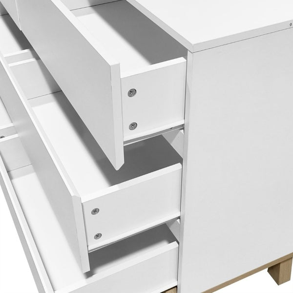 English Elm 6 Drawer White Minimalist Dresser with Natural Wood Legs for Bedroom Organization W3151S00083