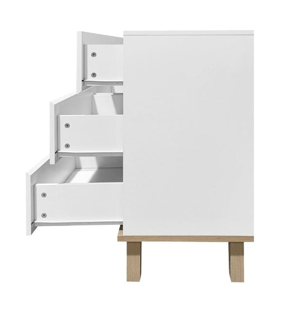 English Elm 6 Drawer White Minimalist Dresser with Natural Wood Legs for Bedroom Organization W3151S00083