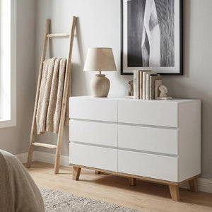 English Elm 6 Drawer White Minimalist Dresser with Natural Wood Legs for Bedroom Organization W3151S00083