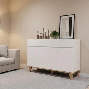 English Elm 3 Drawer and Door White Storage Chest with Natural Wood Legs for Bedroom Decor W3151S00084