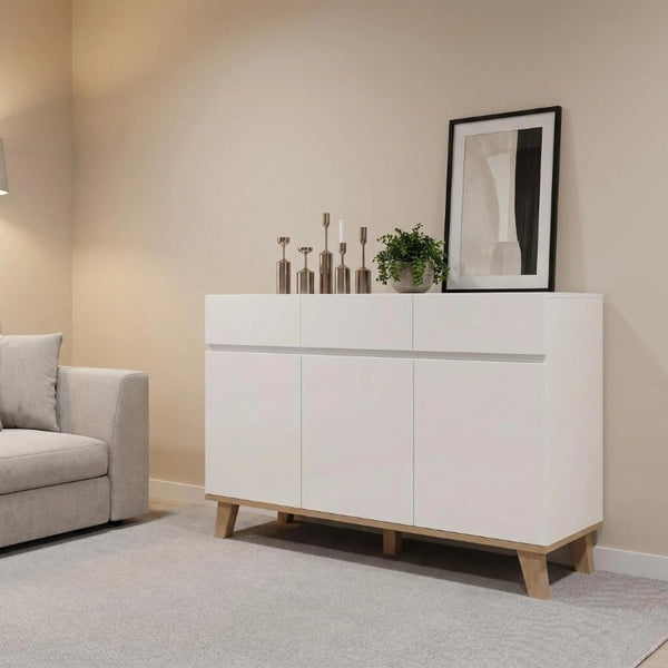 English Elm 3 Drawer and Door White Storage Chest with Natural Wood Legs for Bedroom Decor W3151S00084