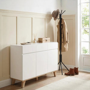 English Elm 3 Drawer and Door White Storage Chest with Natural Wood Legs for Bedroom Decor W3151S00084