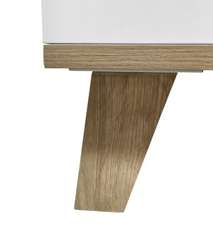 English Elm 3 Drawer and Door White Storage Chest with Natural Wood Legs for Bedroom Decor W3151S00084