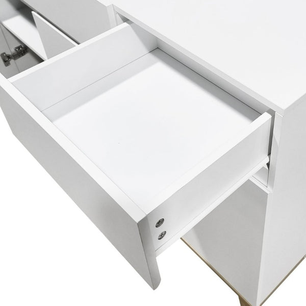 English Elm 3 Drawer and Door White Storage Chest with Natural Wood Legs for Bedroom Decor W3151S00084