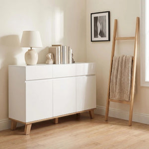 English Elm 3 Drawer and Door White Storage Chest with Natural Wood Legs for Bedroom Decor W3151S00084