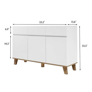 English Elm 3 Drawer and Door White Storage Chest with Natural Wood Legs for Bedroom Decor W3151S00084
