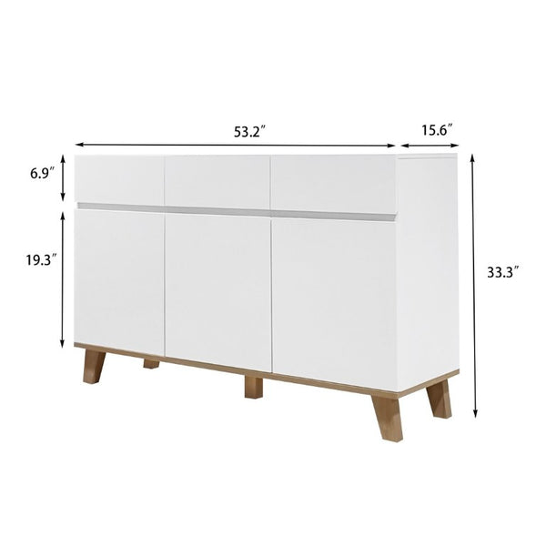 English Elm 3 Drawer and Door White Storage Chest with Natural Wood Legs for Bedroom Decor W3151S00084
