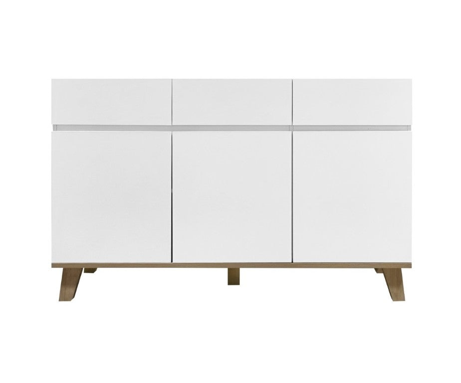 English Elm 3 Drawer and Door White Storage Chest with Natural Wood Legs for Bedroom Decor W3151S00084