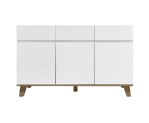 English Elm 3 Drawer and Door White Storage Chest with Natural Wood Legs for Bedroom Decor W3151S00084