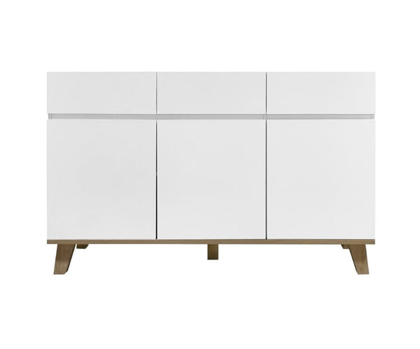 English Elm 3 Drawer and Door White Storage Chest with Natural Wood Legs for Bedroom Decor W3151S00084
