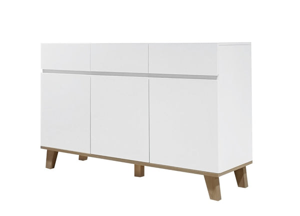 English Elm 3 Drawer and Door White Storage Chest with Natural Wood Legs for Bedroom Decor W3151S00084
