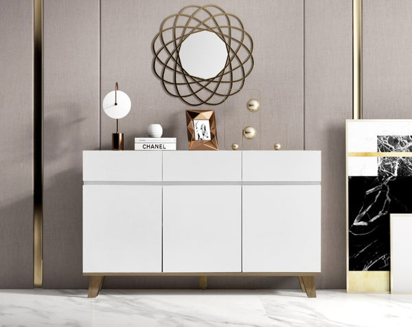 English Elm 3 Drawer and Door White Storage Chest with Natural Wood Legs for Bedroom Decor W3151S00084