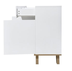 English Elm 3 Drawer and Door White Storage Chest with Natural Wood Legs for Bedroom Decor W3151S00084