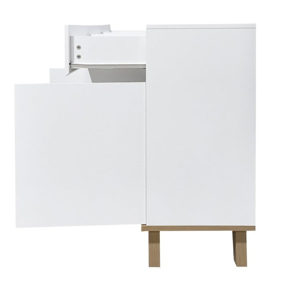English Elm 3 Drawer and Door White Storage Chest with Natural Wood Legs for Bedroom Decor W3151S00084