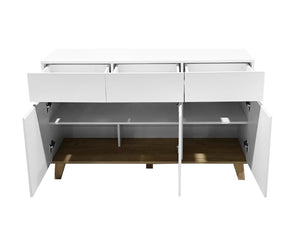English Elm 3 Drawer and Door White Storage Chest with Natural Wood Legs for Bedroom Decor W3151S00084