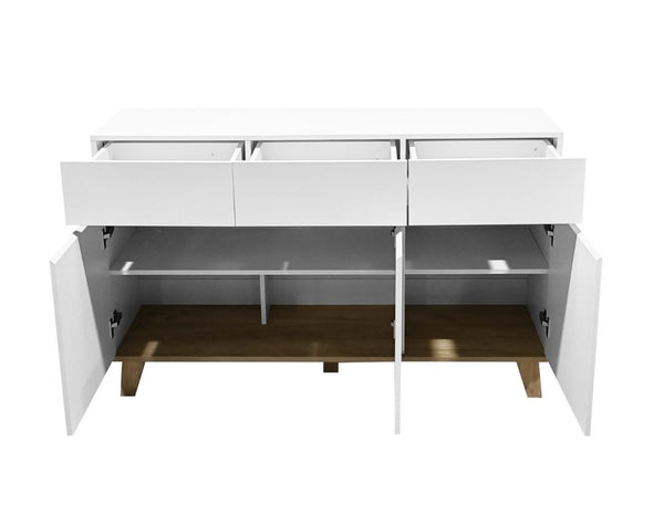 English Elm 3 Drawer and Door White Storage Chest with Natural Wood Legs for Bedroom Decor W3151S00084