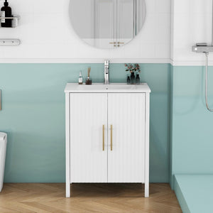 English Elm 24 Inch Glossy White Wavy Cabinet Bathroom Vanity with Sink and Gold Hardware W3151S00085