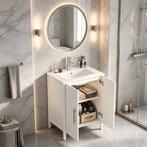 English Elm 24 Inch Glossy White Wavy Cabinet Bathroom Vanity with Sink and Gold Hardware W3151S00085
