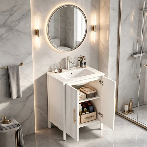 English Elm 24 Inch Glossy White Wavy Cabinet Bathroom Vanity with Sink and Gold Hardware W3151S00085