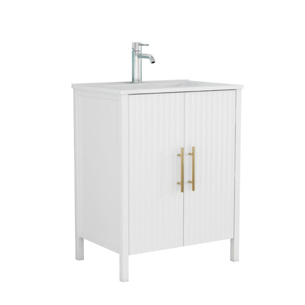 English Elm 24 Inch Glossy White Wavy Cabinet Bathroom Vanity with Sink and Gold Hardware W3151S00085