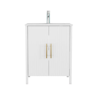 English Elm 24 Inch Glossy White Wavy Cabinet Bathroom Vanity with Sink and Gold Hardware W3151S00085