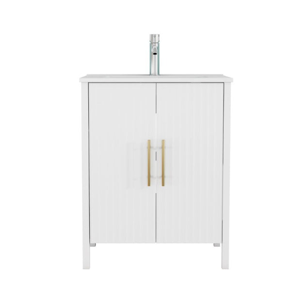 English Elm 24 Inch Glossy White Wavy Cabinet Bathroom Vanity with Sink and Gold Hardware W3151S00085