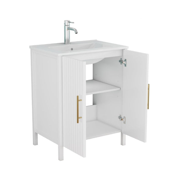 English Elm 24 Inch Glossy White Wavy Cabinet Bathroom Vanity with Sink and Gold Hardware W3151S00085