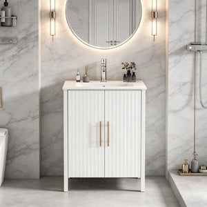 English Elm 24 Inch Glossy White Wavy Cabinet Bathroom Vanity with Sink and Gold Hardware W3151S00085