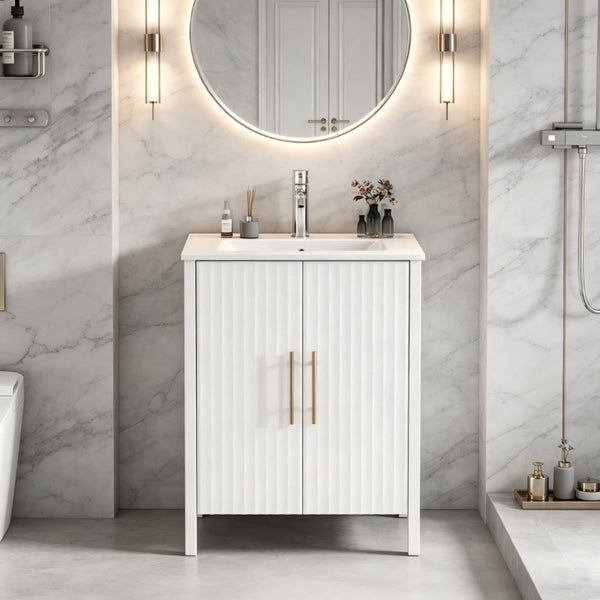 English Elm 24 Inch Glossy White Wavy Cabinet Bathroom Vanity with Sink and Gold Hardware W3151S00085