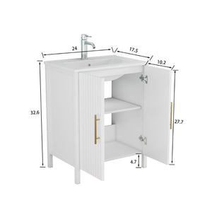 English Elm 24 Inch Glossy White Wavy Cabinet Bathroom Vanity with Sink and Gold Hardware W3151S00085