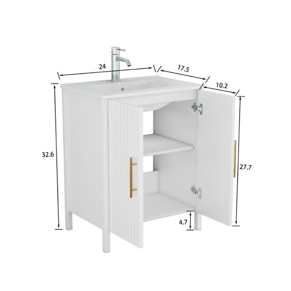 English Elm 24 Inch Glossy White Wavy Cabinet Bathroom Vanity with Sink and Gold Hardware W3151S00085